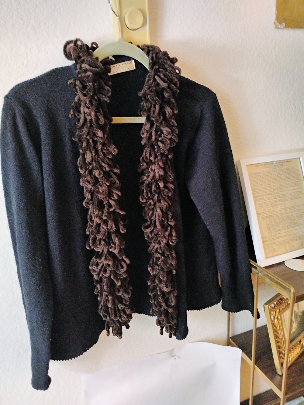Carolyn Taylor Black Open Cardigan with Brown Loop-Trim Scarf Detail Size M